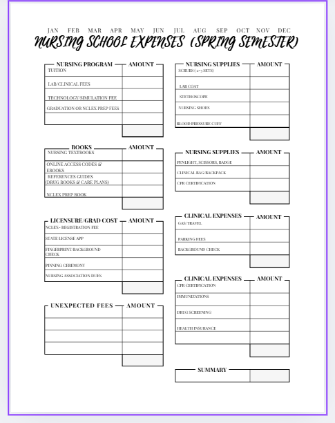 Nursing School Planner- Undated Academic Year 2026-2027